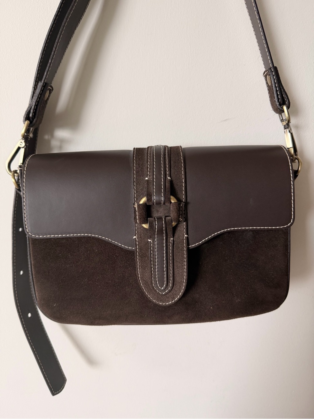 Dark Brown Genuine Suede & Leather Shoulder Bag